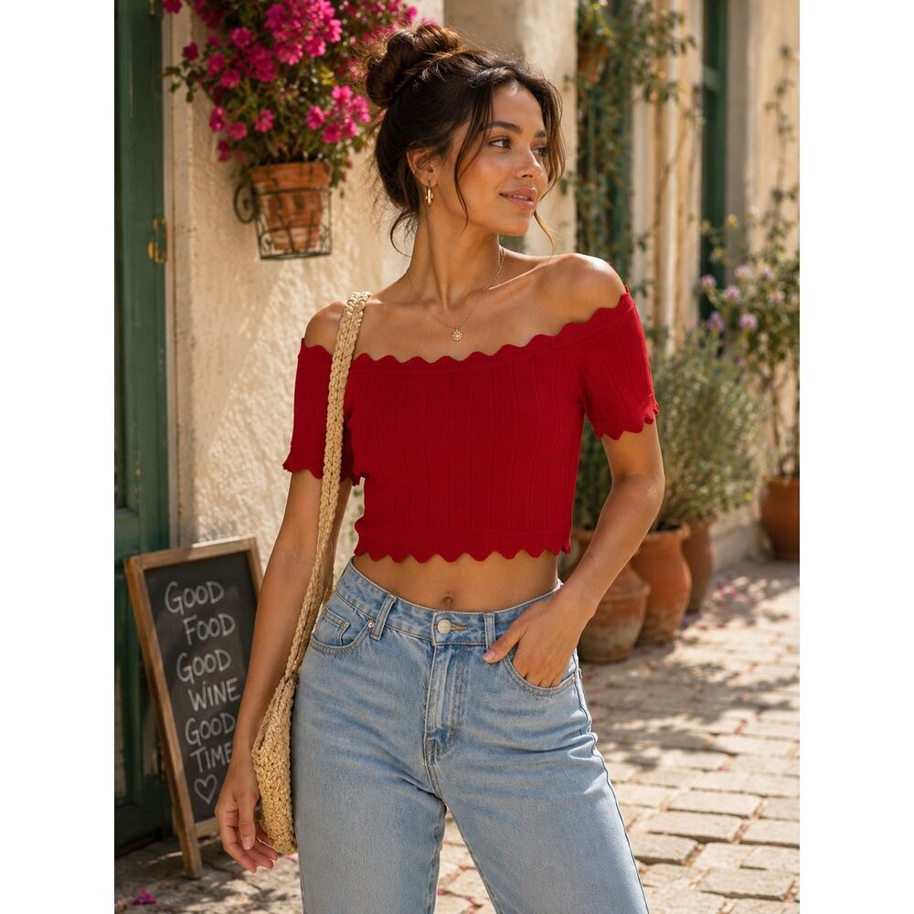 Milly | Scallop Trim Off-Shoulder Rib Crop Top